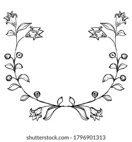 Symmetrical floral decor or frame. Two stylized branches of bluebell flower. Folk style. Hand drawn rough sketch. Black silhouette on white background.