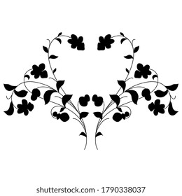 Symmetrical floral decoration. Silhouetted elegant vines in a heart shape.