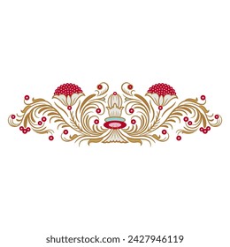 Symmetrical floral design with blooming branches. Folk Russian medieval motif. Ornate botanical border. Isolated vector illustration.
