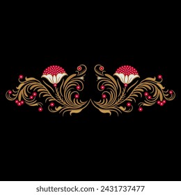 Symmetrical floral design with blooming branches. Folk Russian medieval motif. Ornate botanical border. On black background.