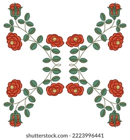 Symmetrical floral design with blooming rosebuds. Botanical border with red roses. Folk style. Isolated vector illustration.