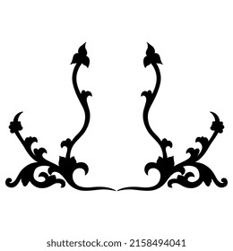 Symmetrical floral design or frame with stylized leaves. Vintage medieval style. Black silhouette on white background.