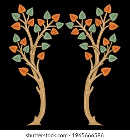 Symmetrical floral design or frame with two stylized tree branches with leaves. Medieval folk style. On black background. Isolated vector illustration.