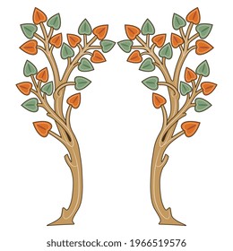 Symmetrical floral design or frame with two stylized tree branches with leaves. Medieval folk style. On white background. Isolated vector illustration.