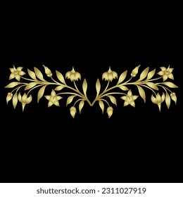 Symmetrical floral design or frame with two blooming branches of nightshade plant. Golden glossy silhouette on black background.