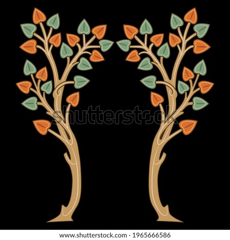 Symmetrical floral design or frame with two stylized tree branches with leaves. Medieval folk style. On black background. Isolated vector illustration.