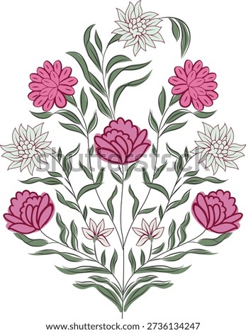A symmetrical floral design with pinks and greens on a white background.