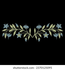 Symmetrical floral design with two blooming branches of nightshade plant. Botanical border with green leaves and blue flowers on black background. Folk style.