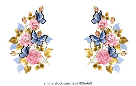 Symmetrical floral frame of artistically drawn pink roses, powder shade with gold jewelry and silhouette blue leaves on white background. Floral design.