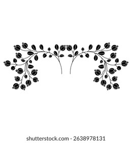 Symmetrical floral frame design with blooming vines. Black and white silhouette. 