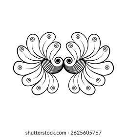 Symmetrical floral line art with bold swirl and petal elements. High-resolution black and white vector, isolated on white. Seamless pattern, perfect for logos and digital decorative artwork.