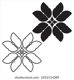 Um design de mandala floral simétrico com seis pétalas arredondadas em ambos os estilos de preenchimento e traçado para uso versátil de vetor.