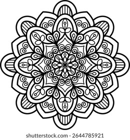 Symmetrical floral mandala design perfect for coloring books, spiritual art, textiles, and decorative elements