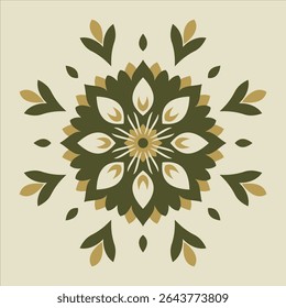 A symmetrical floral mandala features green, beige, and gold leaves and petals arranged in a circular pattern, perfect for backgrounds or decorative art.