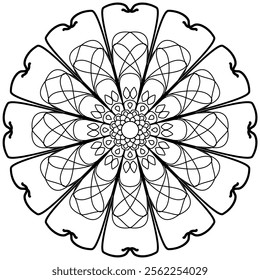 Symmetrical floral mandala featuring soft, detailed petals and calming balance.