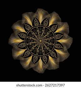 Symmetrical Floral Mandala in Golden Line Art