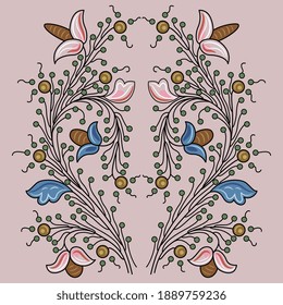 Symmetrical floral ornament with beautiful blooming vines. Stylized branches. Folk style.