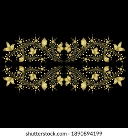 Symmetrical floral ornament with beautiful blooming vines. Stylized branches. Folk style. Golden glossy silhouette on black background.