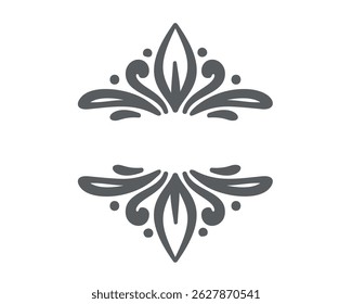 Symmetrical floral ornament with leaf and swirl motifs, drawn in simple black lines. Elegant decorative doodle style. Perfect for invitations, logos, or packaging. Vector illustration.