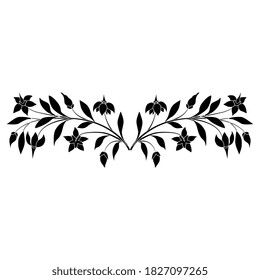 Symmetrical floral ornament. Two branches of nightshade plant. Botanical border. Black and white silhouette.