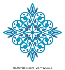 Symmetrical floral pattern blends azulejos, Gzhel, and Chinese porcelain styles. The diamond and mandala shapes and blue hues offer a vintage look for for home textiles.