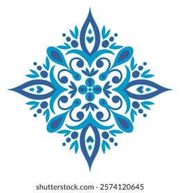 Symmetrical floral pattern blends azulejos, Gzhel, and Chinese porcelain styles. The diamond and mandala shapes and blue hues offer a vintage look for for home textiles.