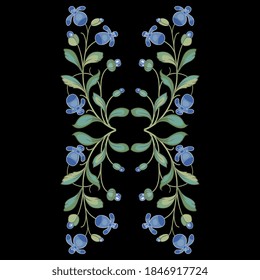 Patrón floral simétrico con ramas florecientes de flores azules estilizadas. Estilo popular.