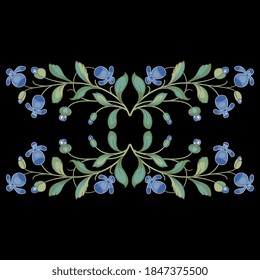 Patrón floral simétrico con ramas florecientes de flores azules estilizadas. Estilo popular.
