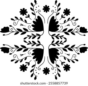 Symmetrical floral pattern featuring black and green decorative elements. Perfect for textile design, home decor, invitations, and creative artwork with a nature-inspired theme.