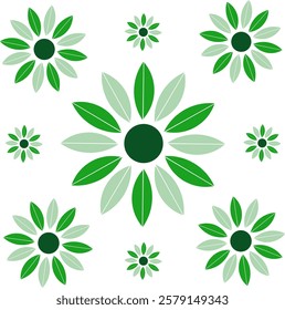 A symmetrical floral pattern featuring a large central flower with green petals, surrounded by smaller flowers. Set against a clean white background, creating a fresh and natural aesthetic