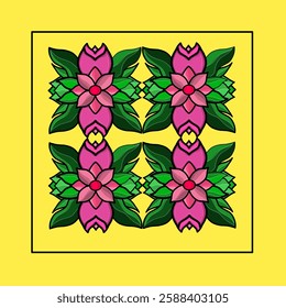 A symmetrical floral pattern featuring pink flowers, green leaves, and intricate details on a yellow background, enclosed in a black frame