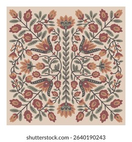 Symmetrical floral pattern featuring stylized flowers, leaves, and berries in muted brown, beige, and green tones. The design is reminiscent of folk art and decorative motifs.