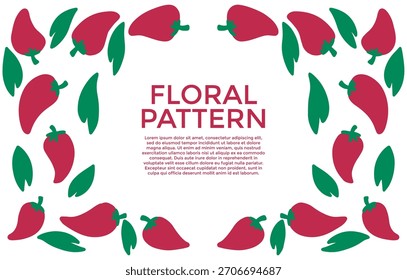 A symmetrical floral pattern featuring stylized red peppers and green leaves arranged around a central text area.