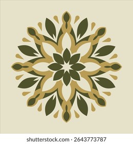 A symmetrical floral pattern with geometric shapes creates an elegant design in green and beige tones, perfect for backgrounds or decorative elements.
