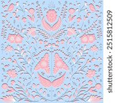 A symmetrical floral pattern illustration design with birds and floral elements on a light blue background. The design is intricate and delicate, resembling paper cutouts.