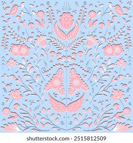 A symmetrical floral pattern illustration design with birds and floral elements on a light blue background. The design is intricate and delicate, resembling paper cutouts.