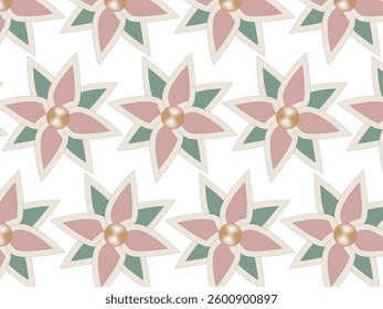 Symmetrical floral pattern in pastel green, pink, and cream. Each flower has a gold center, creating an elegant and decorative design.