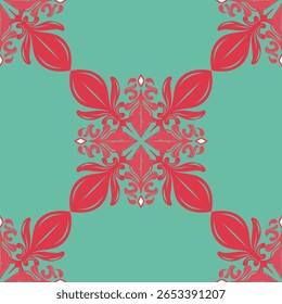 Padrão floral simétrico em vermelho sobre um fundo de casa da moeda. Flourish Festive Medieval Style Ótimo para design de azulejos, decoração doméstica, papel digital, marca de impressão de luxo, impressões de papel de parede, produto de artesanato