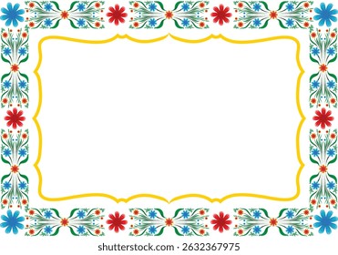 Symmetrical floral vector frame in folk art style with red and blue blossoms and green vines. Great for greeting cards, wedding invites, posters, or festive decorative designs. Traditional Folk Floral