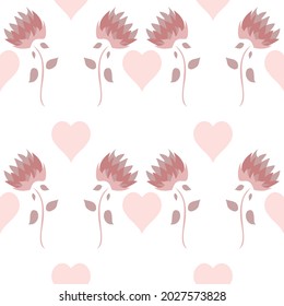 Symmetrical floral vector seamless pattern with decorative hearts in white and shades of pink