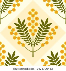 Symmetrical floral vector seamless pattern. Stylized branch with yellow flowers and leaves on pastel geometric background. Australian Wattle Mimosa plant drawn with brush texture repeated design