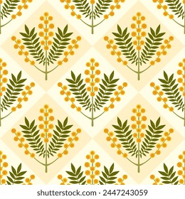 Symmetrical floral vector seamless pattern. Stylized branch with yellow flowers and leaves on pastel geometric background. Australian Wattle Mimosa plant drawn with brush texture repeated design