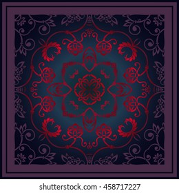 symmetrical floral vintage decor red color on a dark purple background in frame