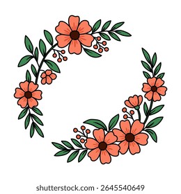 A symmetrical floral wreath design featuring orange flowers, green leaves, and small red berries, set against a clean white background. The illustration is simple and elegant.