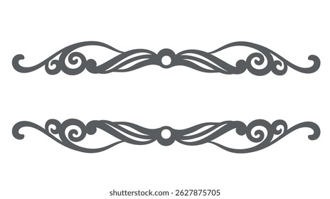 Symmetrical flourish divider with curved floral swirls and circular center. Classic decorative doodle style. Great for wedding design, invitations, or logos. Vector illustration.