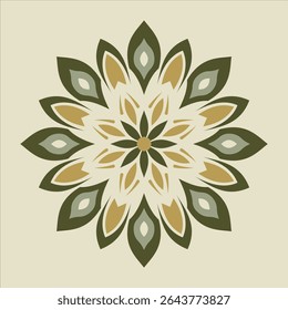 A symmetrical flower mandala design featuring green, beige, and olive colors creates a calming aesthetic suitable for decorative purposes.