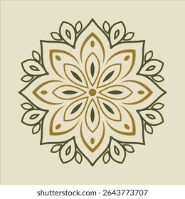 A symmetrical flower mandala is illustrated with brown and green lines on a white background, often used for spiritual and meditative purposes.