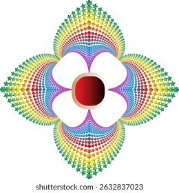Symmetrical flower shape with four main petals arranged in a rainbow-colored star pattern