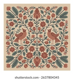 Symmetrical folk art illustration featuring two birds surrounded by stylized flowers, leaves, and branches in muted earth tones on a beige background.