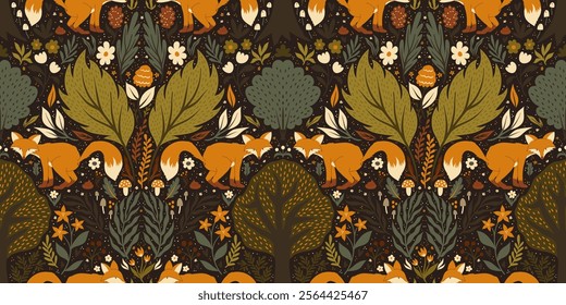 Symmetrical Forest Pattern with a Fox Pooping in the Woods, Mushrooms, Flowers, and Leaves in Warm Earthy Tones Whimsical Illustrated Design